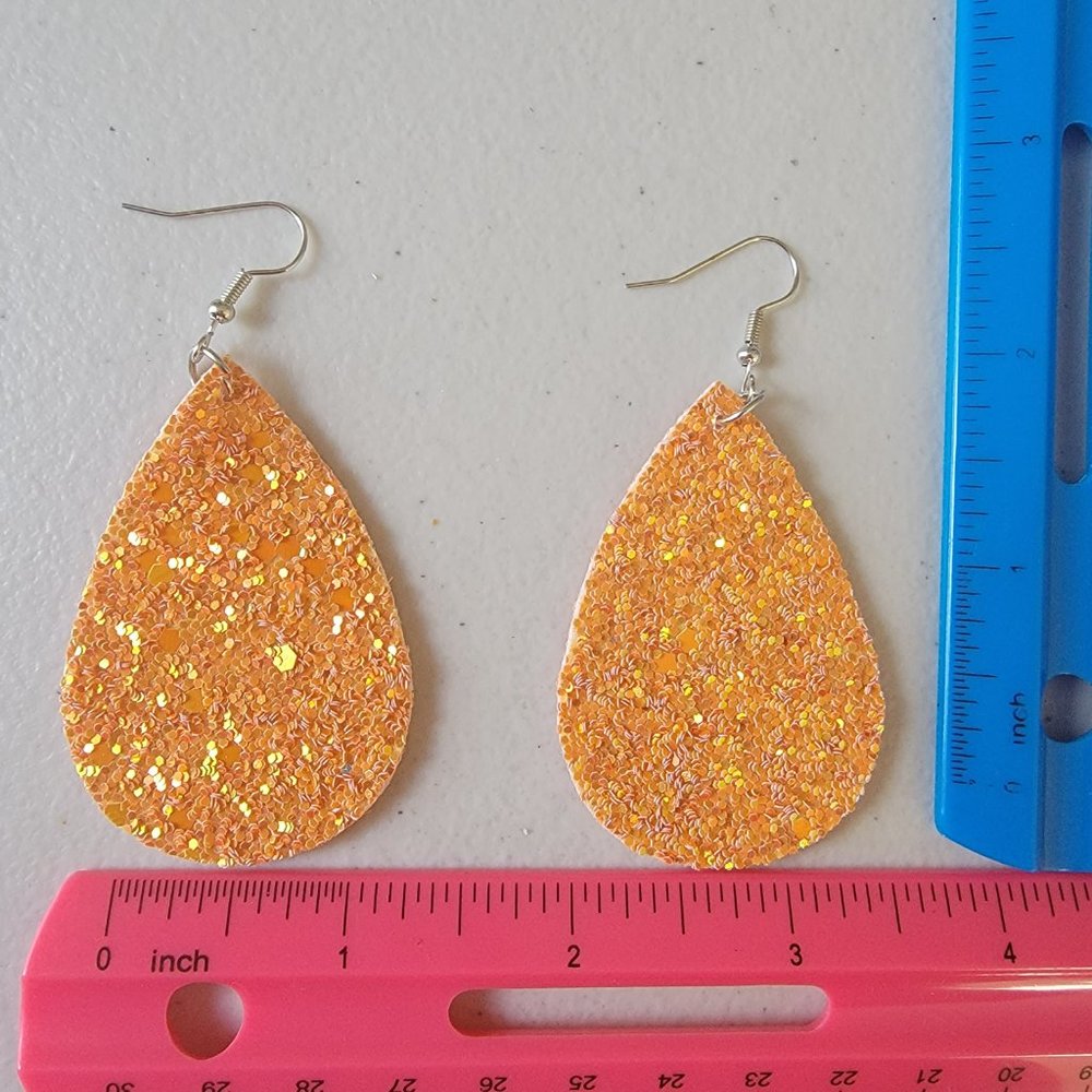 Retro Glittered Teardrop Shape Dangle Earrings Orange 2.95 Drop New - Picture 7 of 9